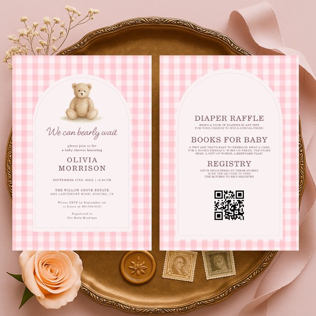 Invitation All in One We Can Bearly Wait Pink Gingham (Créateur téléchargé)