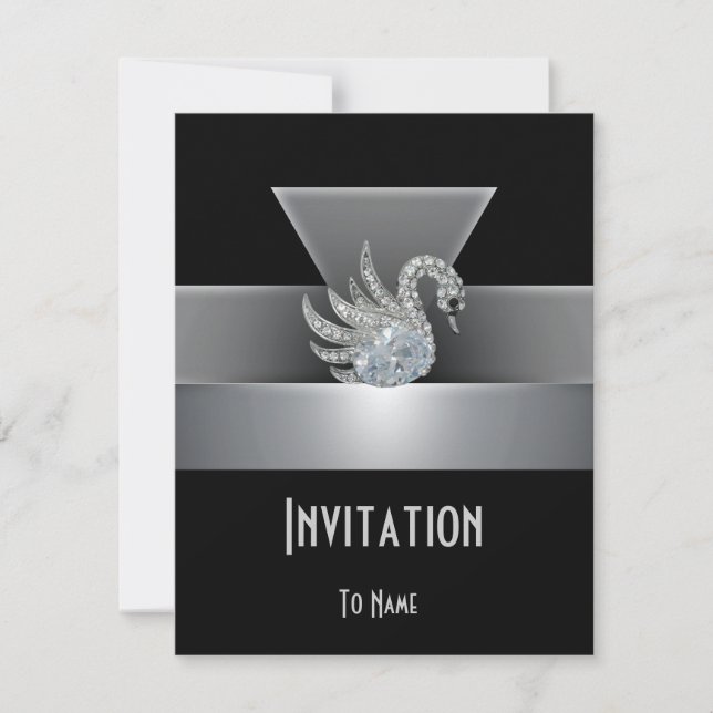 Invitation All Occasion Black Silver Swan Art Deco (Front)