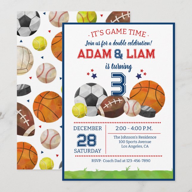 Invitation All Star Sports Twin Birthday  Party (Devant / Derrière)