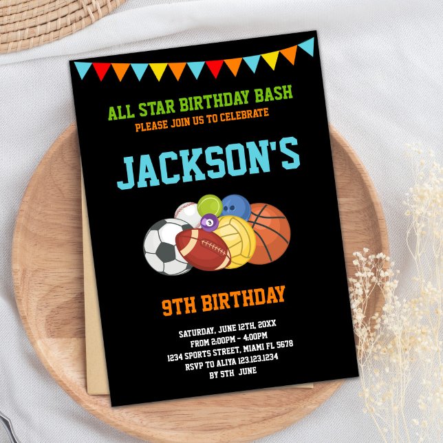 Invitation All Stars Black Sports Party Anniversaire Invitati (All Stars Black Sports Party Birthday Invitations)