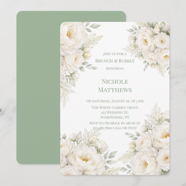 Invitation All White Floral Brunch and Bubbly (Devant / Derrière)