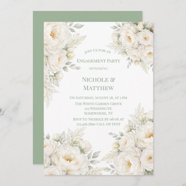 Invitation All White Floral Engagement Party (Devant / Derrière)