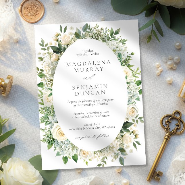 Invitation All White Hydrangeas Roses Floral Frame Wedding (Créateur téléchargé)