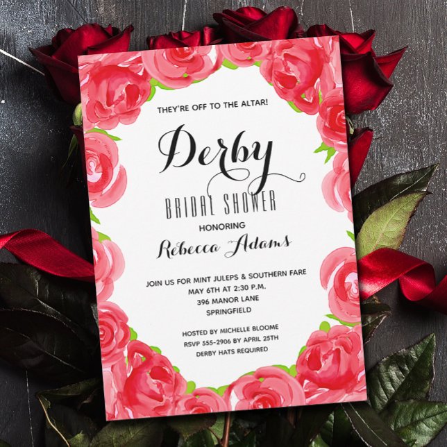 Invitation Aller à la Fête des mariées du Derby de l'Altar (Off to the altar red roses Derby bridal shower invitations)