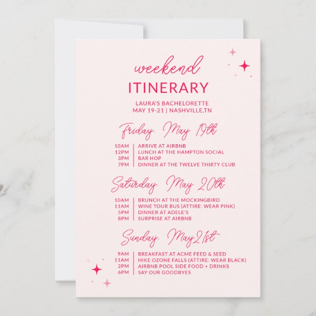 Invitation Aller Filles Bachelorette Week-end Itinéraire (Devant)