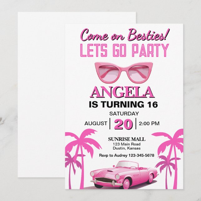 Invitation Allez Besties ! Filles roses chaudes fête d'annive (Devant / Derrière)