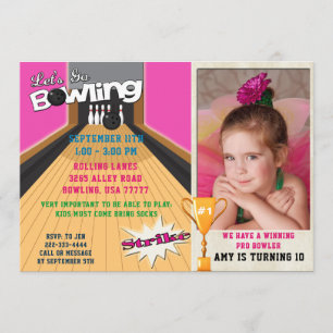 Invitation Allons au Bowling Rose Girls Anniversaire Photo In