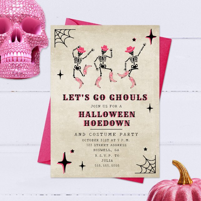 Invitation Allons Gouls Skeleton Pink Halloween Party (Créateur téléchargé)