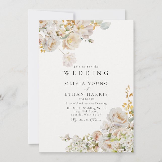 Invitation Allure - White Roses & Baby's Breath Mariage Invit (Devant)