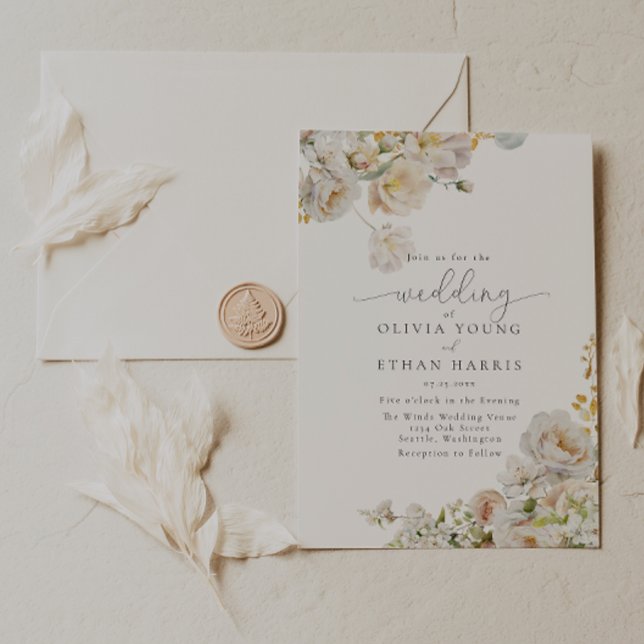 Invitation Allure - White Roses & Baby's Breath Mariage Invit (White roses and baby's breath with gold inlay)