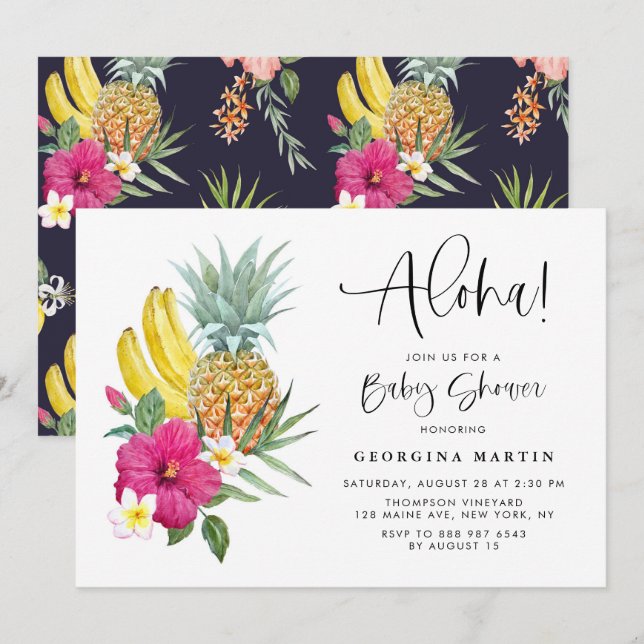 Invitation Aloha Ananas et Hibiscus Baby shower tropical (Devant / Derrière)