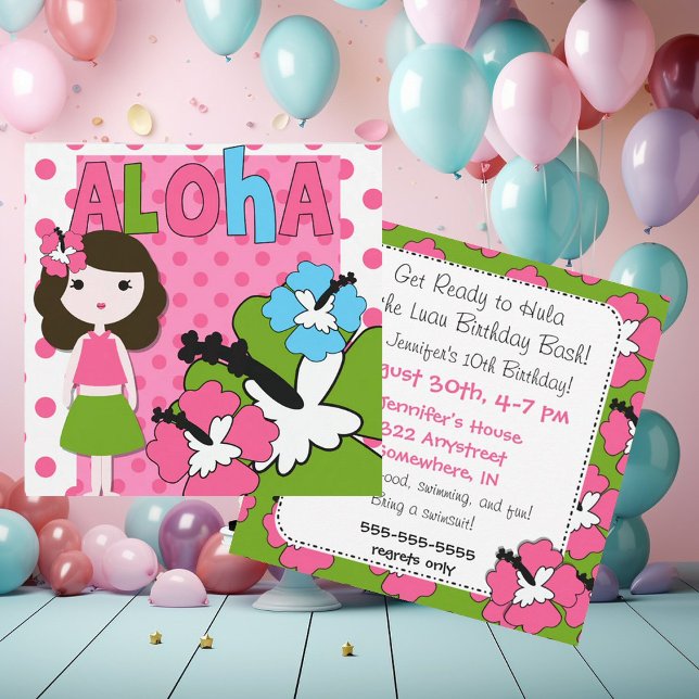 Invitation Aloha Anniversaire (Fille des cheveux Brown) Invit (Créateur téléchargé)