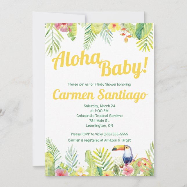 Invitation Aloha Baby ! Baby shower à thème tropical et touca (Devant)