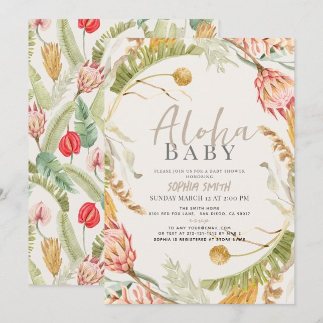 Invitation Aloha Baby Baby shower botanique tropical floral (Devant / Derrière)