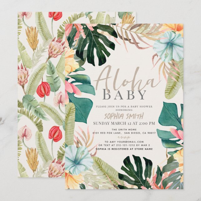 Invitation Aloha Baby Baby shower floral tropical (Devant / Derrière)