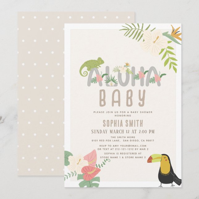 Invitation Aloha Baby Baby shower tropical floral Toucan (Devant / Derrière)