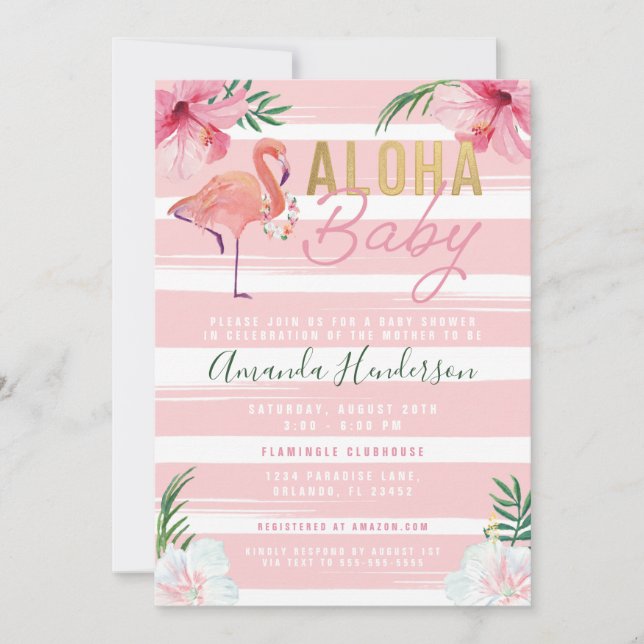 Invitation Aloha Baby Flamant rose Baby shower Invitation, (Devant)