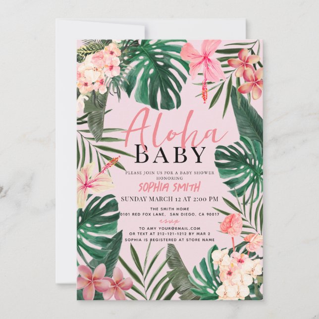 Invitation Aloha Baby rose Tropical Floral Girl Baby shower (Devant)