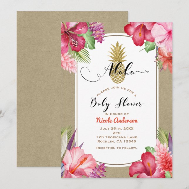 Invitation Aloha Baby shower Tropical Or Ananas Floral (Devant / Derrière)