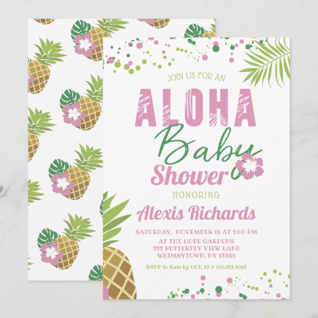 Invitation Aloha Bébé rose et vert Baby shower tropical fille (Devant / Derrière)