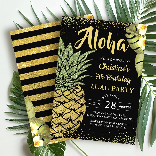 Invitation Aloha Black Gold Tropical Anniversaire (Créateur téléchargé)