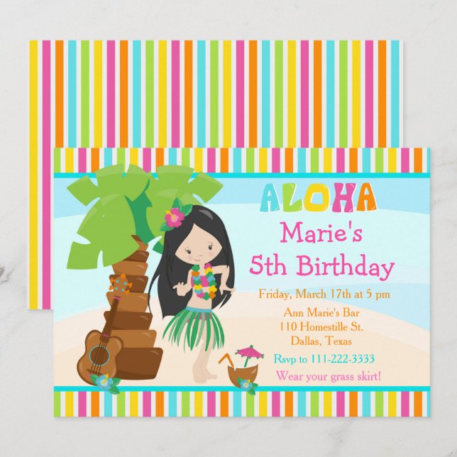 Invitation Aloha Cute Black Coiffeuse Fête d'anniversaire (Devant / Derrière)