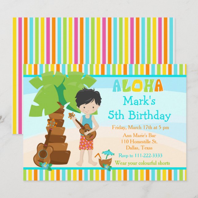 Invitation Aloha Cute Cheveux Noir Boy Fête d'Anniversaire (Devant / Derrière)
