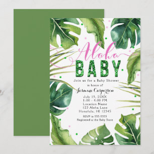 Invitation ALOHA feuille tropical rose et vert de baby shower