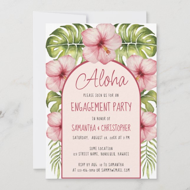 Invitation Aloha Fiançailles Hibiscus floral tropical rose (Devant)