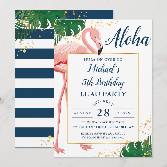 Invitation Aloha Flamant rose Blue Gold Tropical Luau Anniver (Devant / Derrière)