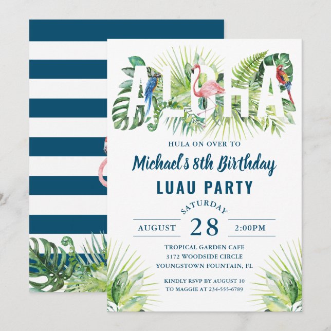 Invitation Aloha Flamant rose Marine tropicale Blue Luau Anni (Devant / Derrière)