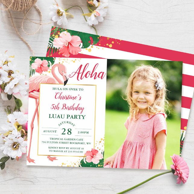 Invitation Aloha Flamant rose Tropical Rose Floral Photo Anni (Créateur téléchargé)