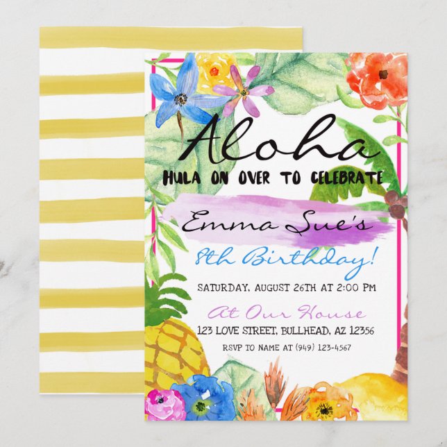 Invitation Aloha Fleurs tropicales Luau Aquarelle Anniversair (Devant / Derrière)