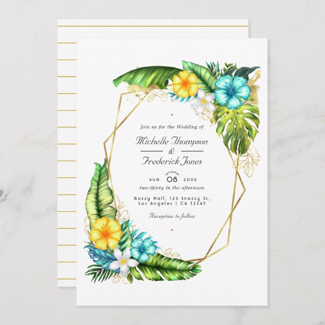 Invitation Aloha géométrique Tropical Summer QR Code Mariage (Devant / Derrière)