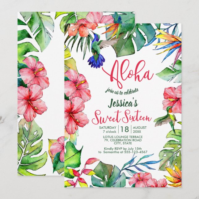 Invitation Aloha Hawaï Sweet sixteen tropical (Devant / Derrière)