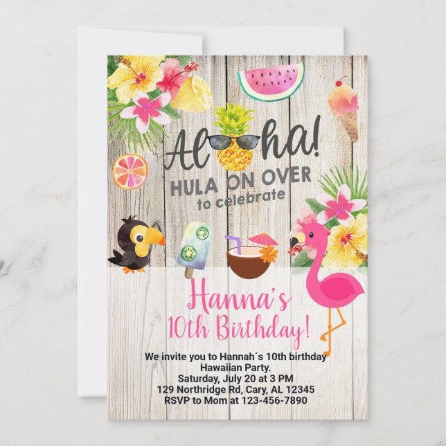 Invitation Aloha, hawaiian birthday party invite. (Devant)