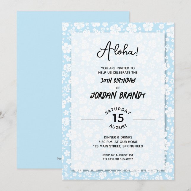 Invitation Aloha Hawaiian Floral Blue Anniversaire (Devant / Derrière)
