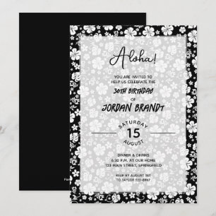 Invitation Aloha Hawaiian Floral Noir et Blanc Anniversaire