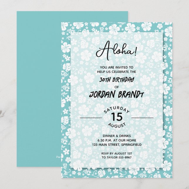Invitation Aloha Hawaiian Floral Turquoise Anniversaire (Devant / Derrière)