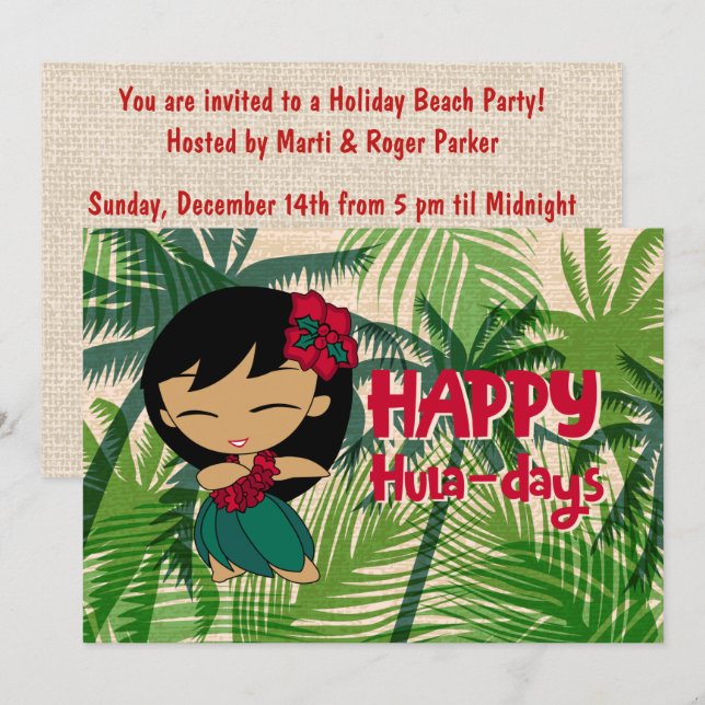 Invitation  Aloha Honeys Christmas Holiday Hula Girl Palms (Devant / Derrière)