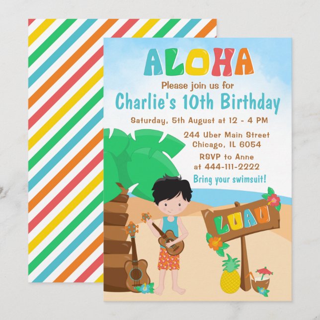 Invitation Aloha Luau Beach Anniversaire Black Hair Boy Invit (Devant / Derrière)