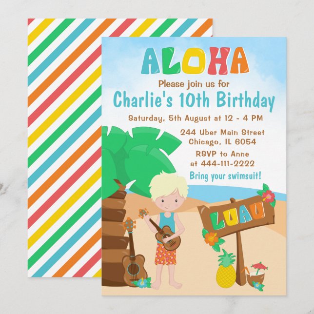 Invitation Aloha Luau Beach Anniversaire Blonde Hair Boy Invi (Devant / Derrière)