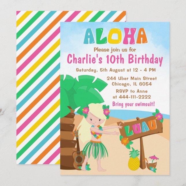 Invitation Aloha Luau Beach Anniversaire Blonde Hair Girl Inv (Devant / Derrière)