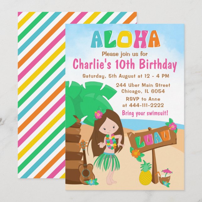 Invitation Aloha Luau Beach Anniversaire Cheveux Brown Fille  (Devant / Derrière)