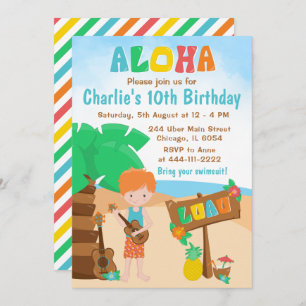 Invitation Aloha Luau Beach Anniversaire Red Hair Boy Invitat