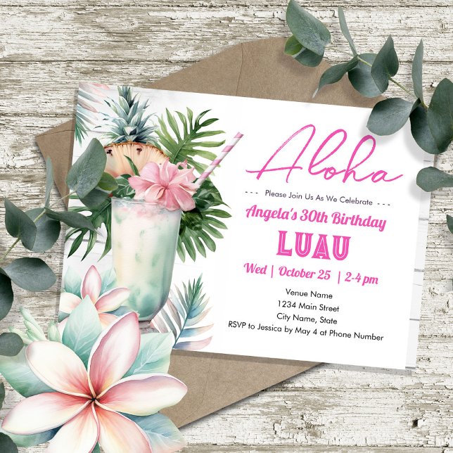 Invitation Aloha Luau Boisson Tropicale Adulte Anniversaire (Créateur téléchargé)