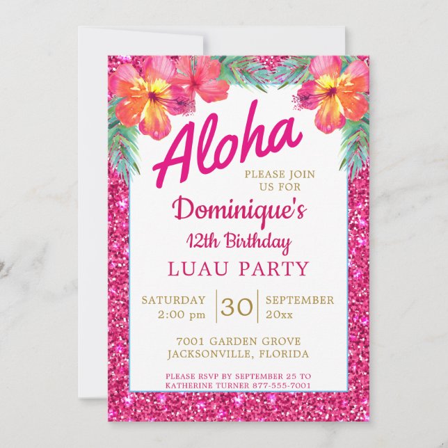 Invitation Aloha Luau Parties scintillant rose Hibiscus tropi (Devant)