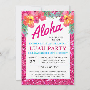Invitation Aloha Luau Parties scintillant tropicale rose hawa
