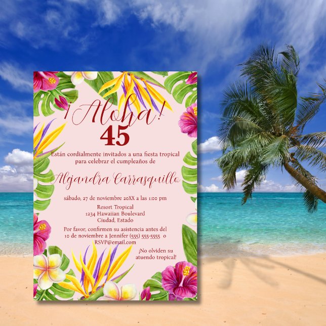 Invitation Aloha Luau, rose hawaïen espagnol 45e anniversaire (Créateur téléchargé)