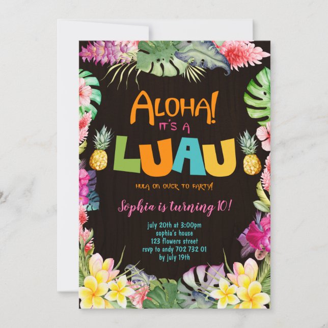 Invitation Aloha Luau Rustic Troptic Summer Girl Anniversaire (Devant)
